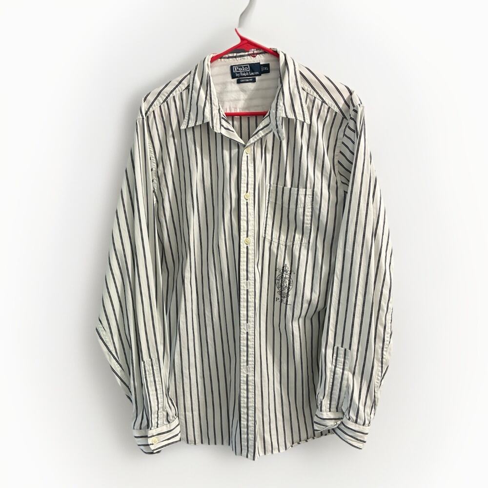 Vintage Polo Ralph Lauren Shirt Mens XL White Blue Striped Crown Anchor Emblem